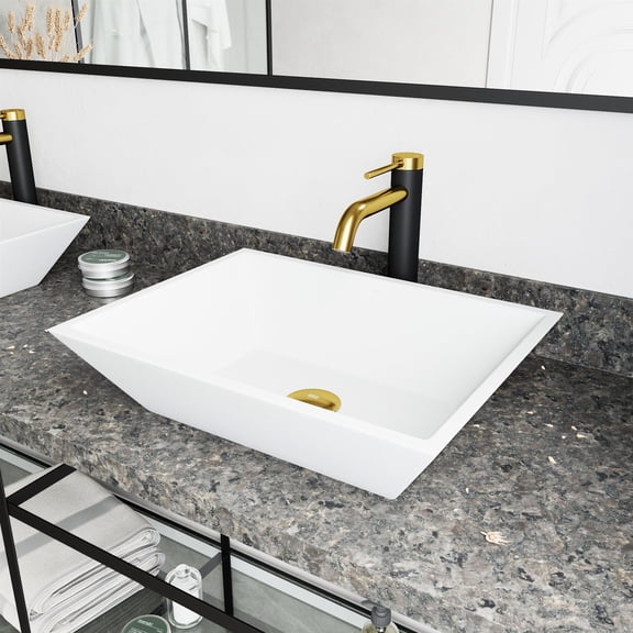 VIGO Matte Stone Vinca Composite Rectangular Vessel Bathroom Sink in White with Faucet and Pop-Up Drain in Matte Gold