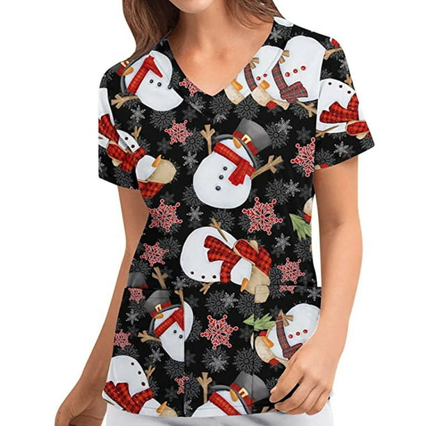 Puntoco Navidad Moda Mujer Cuello en V Casual Manga corta Impreso Bolsillos Señoras tops Blusa Puntoco Puntoco-5082