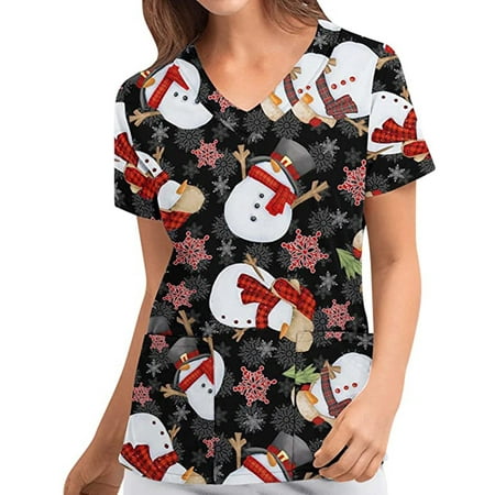 

Chiccall Women s Christmas Costume V-Neck Short Sleeve Nursing Uniform Xmas Tree Snowman Reindeer Printed Workwear Holiday Casual Graphic Tees Blouse Scrubs Tops with Pockets on Clearance