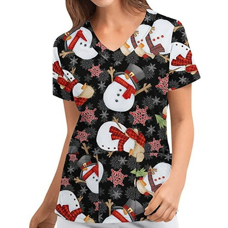 

PEONAVET Merry Christmas Womens Nursing Scrub Tops Working Uniform Short Sleeve V-Neck Workwear Blouse T-shirt with Pockets Gifts for Women