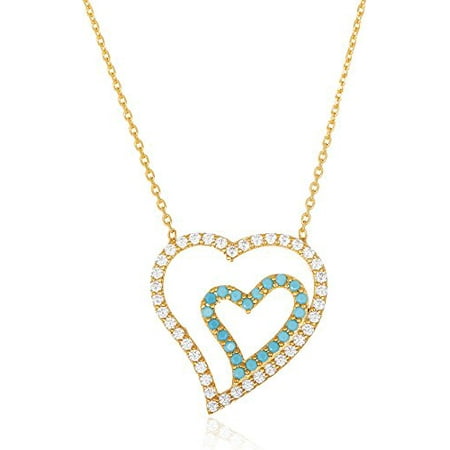 Real 925 Sterling Goldtone with Clear Blue Stones Double Heart Pendant and 18 Inch Necklace