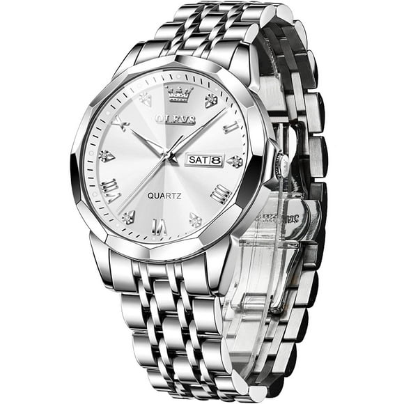 Olevs Watch for Men Diamond Quartz Movement 41mm Luminous Stainless Steel Silver Bracelet Date White Dial