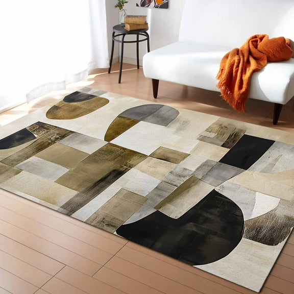 Area Rugs Indoor Non-Slip Rectangle Rug 5x8 Ft Abstract Brown Black Color Block Geometric Contemporary Rug Rubber Backing Floor Mats Non Shedding Home Decor Carpet for Entryway Living Room