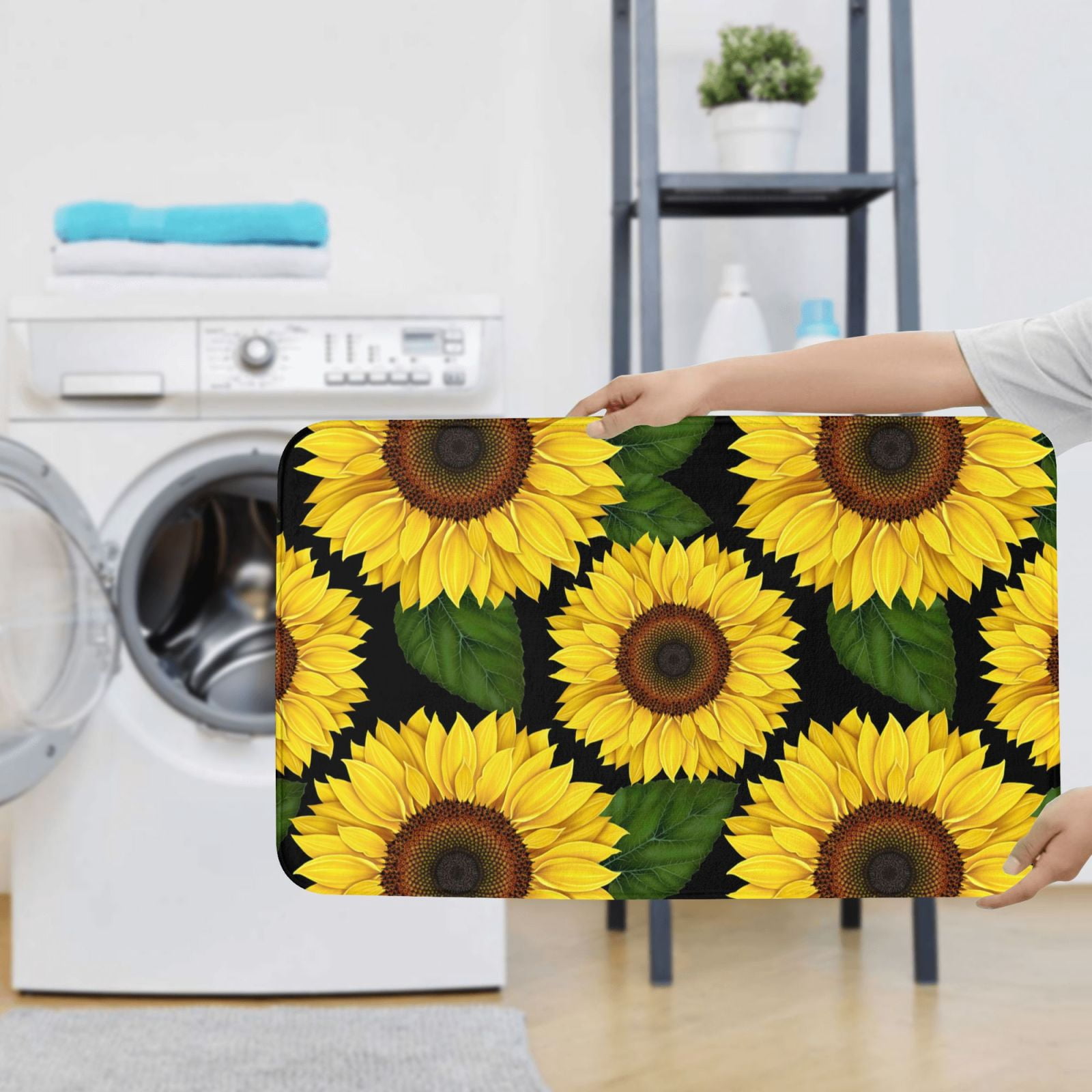 Bathroom Rugs Sets 3 Piece - yellow Sunflower Realistic Aesthetic Absorbent Non Slip Bath Mats, U-Shape Toilet Lid Cover, Contour Mat, Soft Washable Shower Mats Bath Rug Mat for Bathroom Tub Toilet
