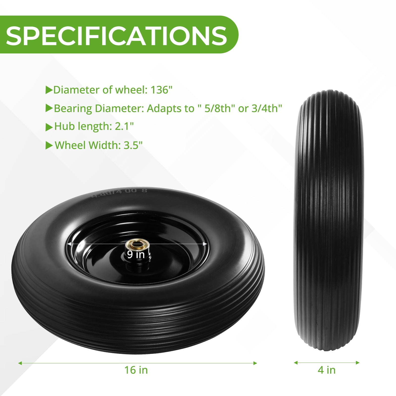 Backyard Expressions 16-Inch Flat-Free PU Tire 2-Pack – Heavy-Duty Solid Poly Wheels with 5/8" & 3/4" Bearings, Spacer Kit & Steel Hubs for Wheelbarrows, Garden Carts, Hand Trucks & Utility Equipment