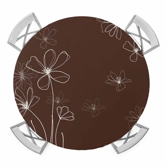 Elastic Fitted Round Tablecloth, Brown Waterproof Stretch Table Cover for 45"-54" Tables, Spring Flora Washable Outdoor Tablecloths for Patio, Picnic, Camping