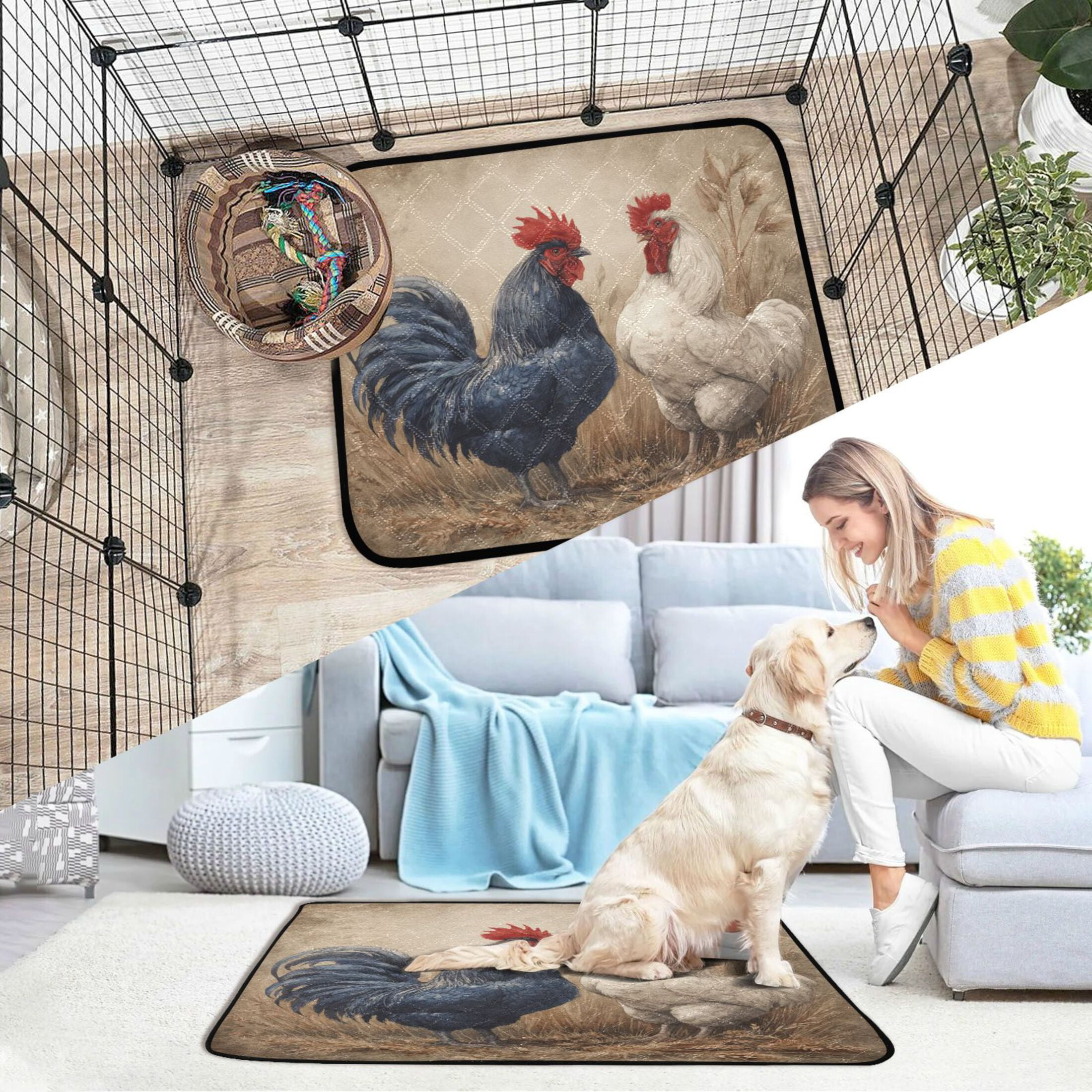 Qxltty Rooster Cat litter Pads Pet Set of 3 Diaper Mats Center Anti-leakage Layer Absorbent Soft and Comfortable
