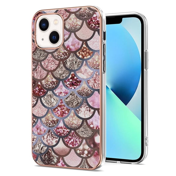 Nalacover for iPhone 14 Plus Slim Case, Fish Scale Marble Pattern Soft TPU Shockproof Lens Protection Cover for Women Girls, Compatible with MagSafe Wireless Charging Case,Pink Scales