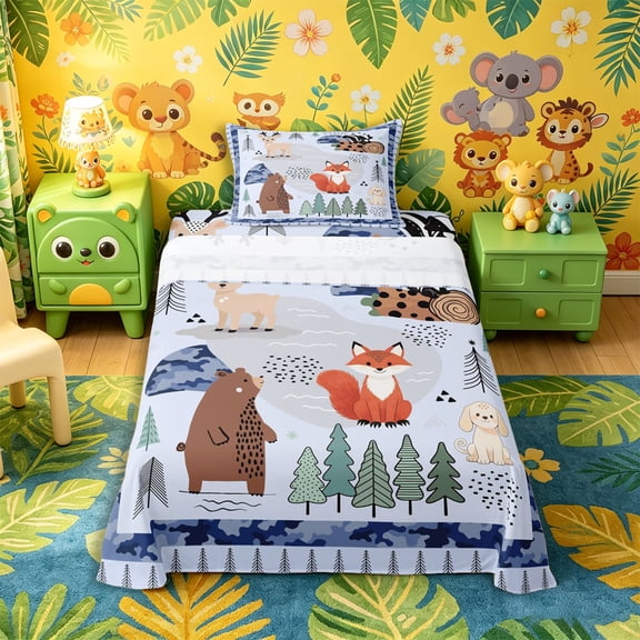 Castle Fairy Cute Camo Woodland Animal Twin Sheets 3pcs,Fox Bear Deer Puppy Pine Bedding,Sky Blue Cream,1 Fitted Sheet, 1 Flat Sheet and 1 Pillowcase