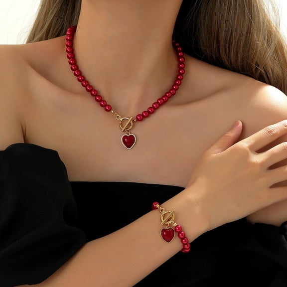 Red Beaded Heart Pendant Jewelry Set, Toggle Clasp Necklace and Bracelet Matching Set, Elegant Love Charm Accessories for Women Daily Party Wear