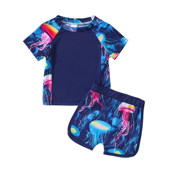ZXLBBD Bathing Suits for Girls 2 Piece Tropical Gradient Print Short Sleeve Swim Top and Shorts Summer Fashion Swimwear for Youth Casual Outdoor Beach,Navy,1 Y-2 Y
