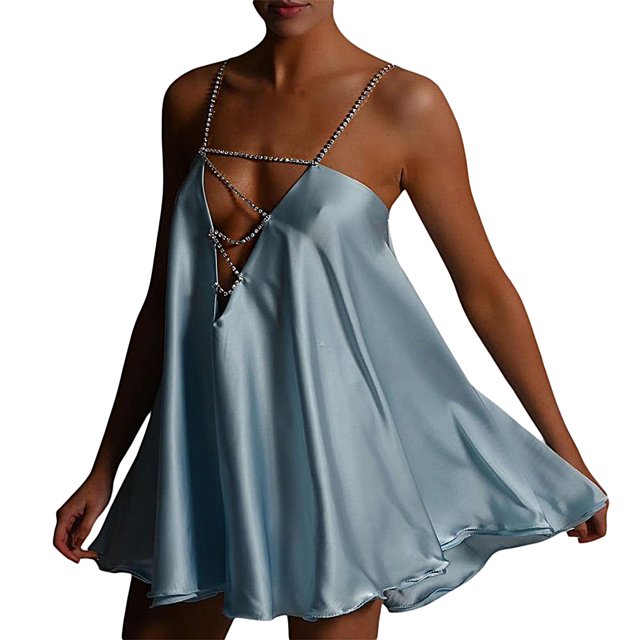 ITFABS Women’s Solid Color Hollow V-neck Chain Suspender A-line Short Dress