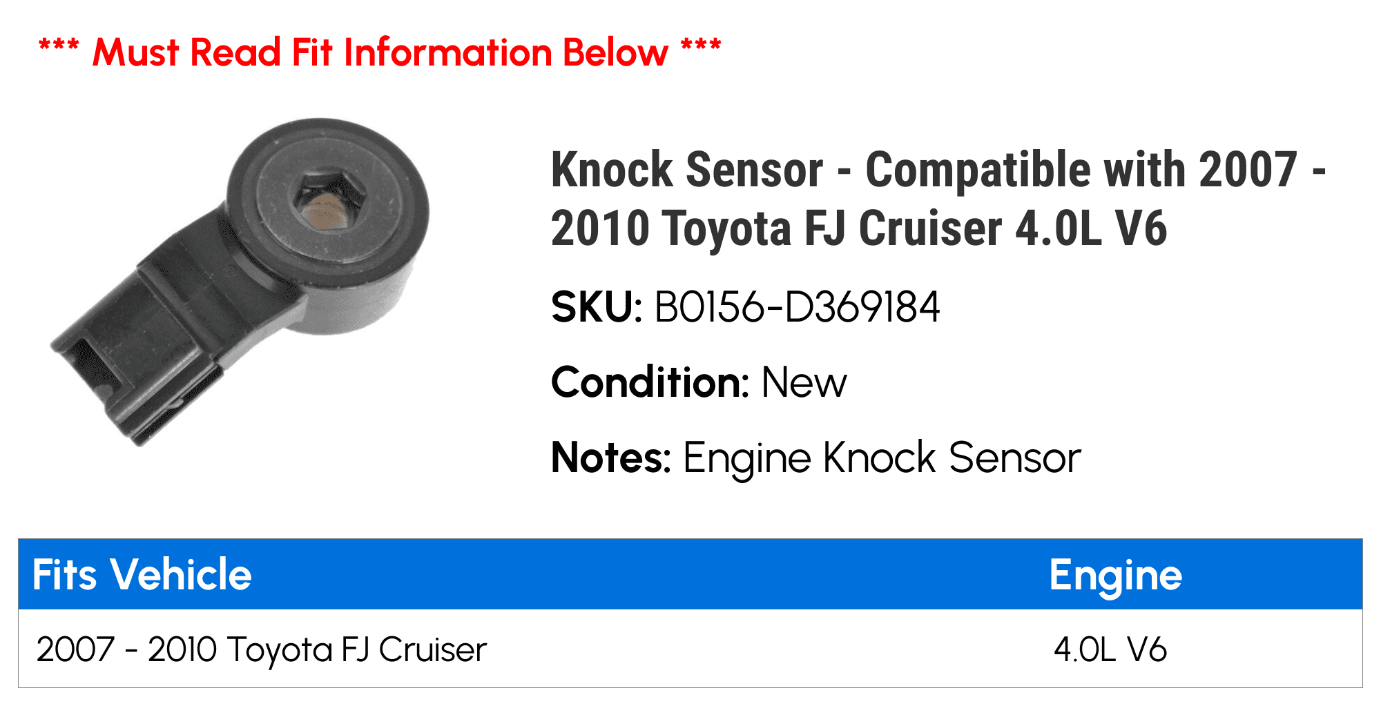 Knock Sensor - Compatible with 2007 - 2010 Toyota FJ Cruiser 4.0L V6 2008 2009