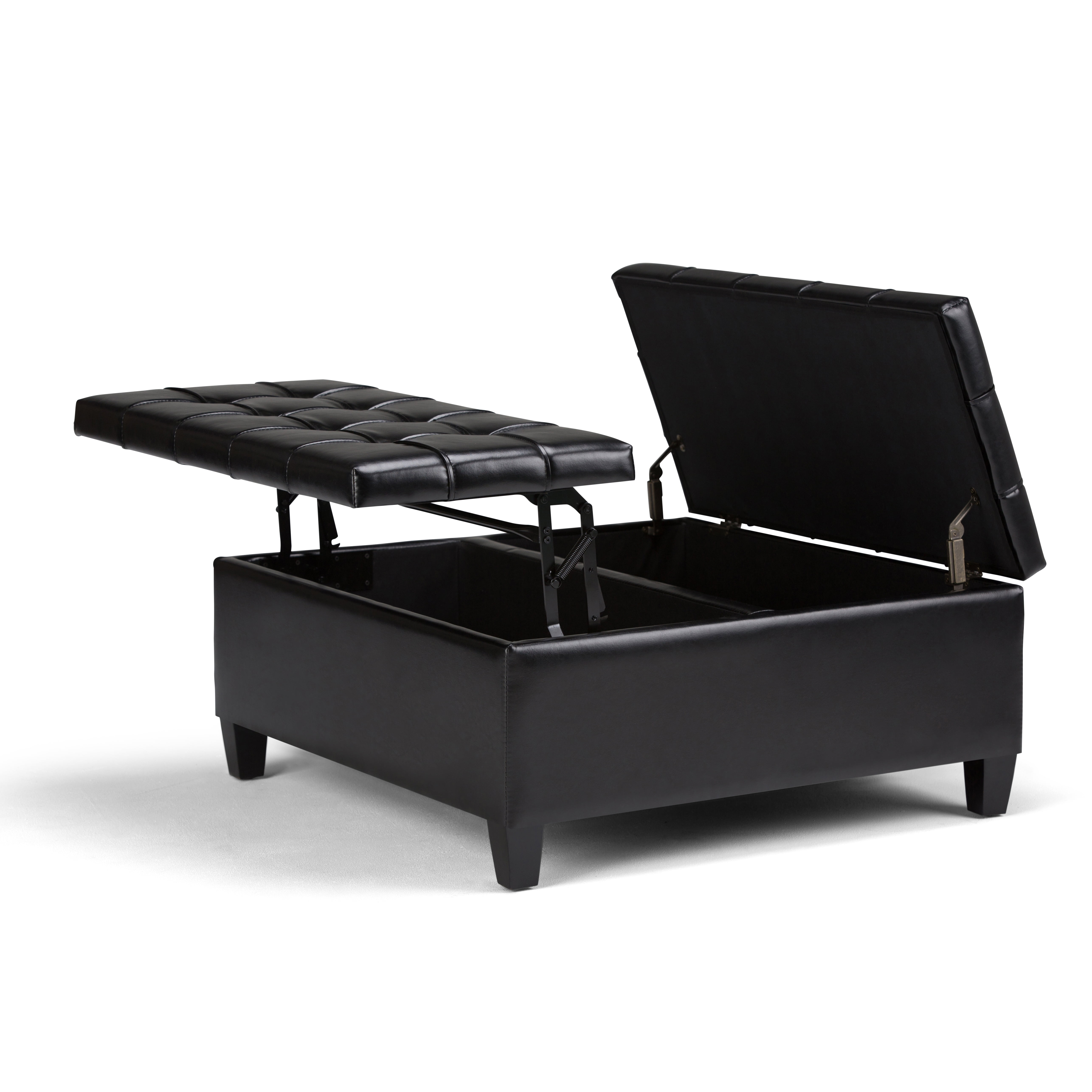 Simpli Home Harrison 36" Transitional Square Coffee Table Ottoman in Black Faux Leather