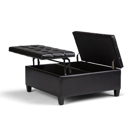 Simpli Home - Harrison 36 inch Wide Transitional Square Coffee Table Storage Ottoman in Faux Leather - Midnight Black