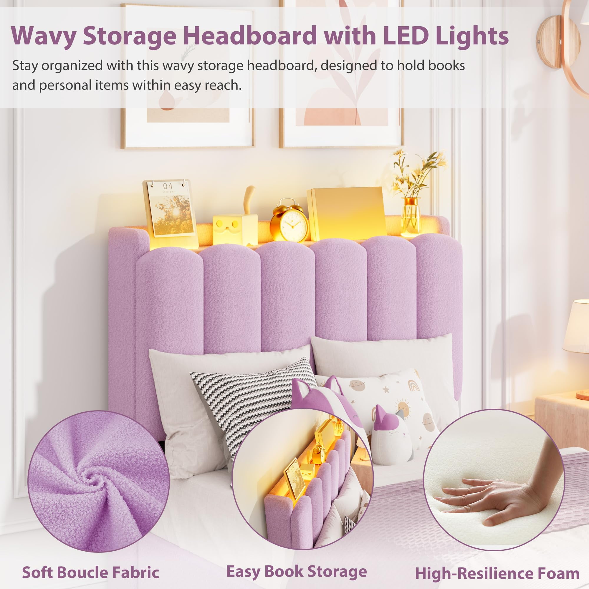 Bed Frame with 2 Storage Drawers, Upholstered Bed Frame Queen Size with LED Lights Headboard, No Box Spring Needed, Easy Assembly