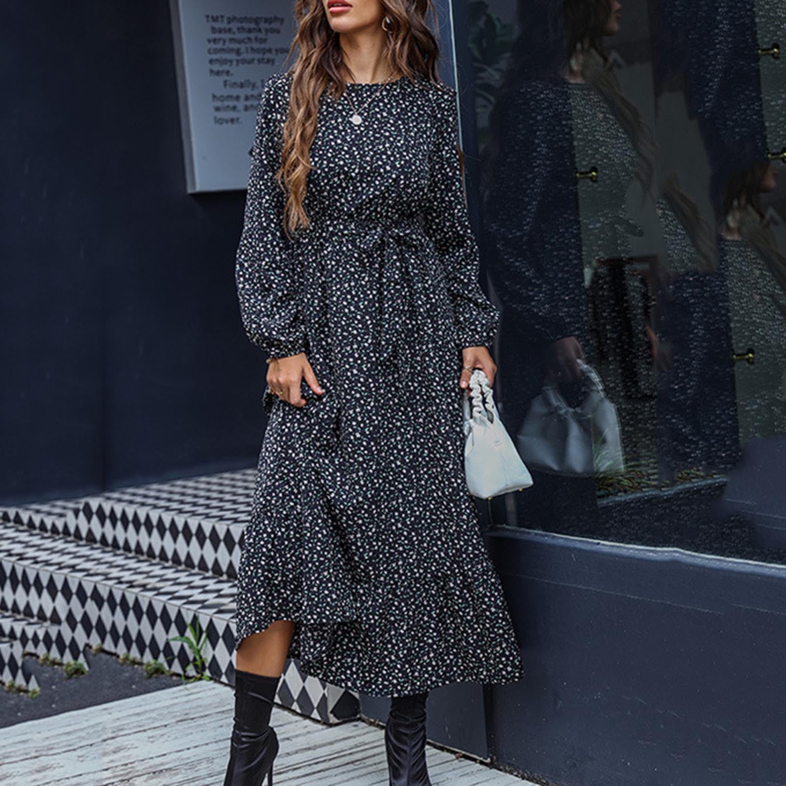 Ladies Long Sleeve Long Spring Dress Floral Print Casual Ladies Long Sleeve Long Spring Dress Floral Print Casual