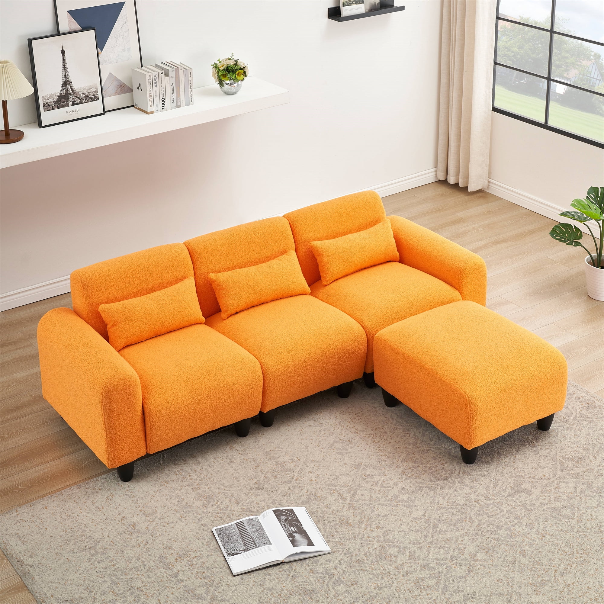 Aukfa Modular Sectional Sofa, Deep Seat Couch Set for Living Room, 3 Pillows, Orange Teddy Fleece
