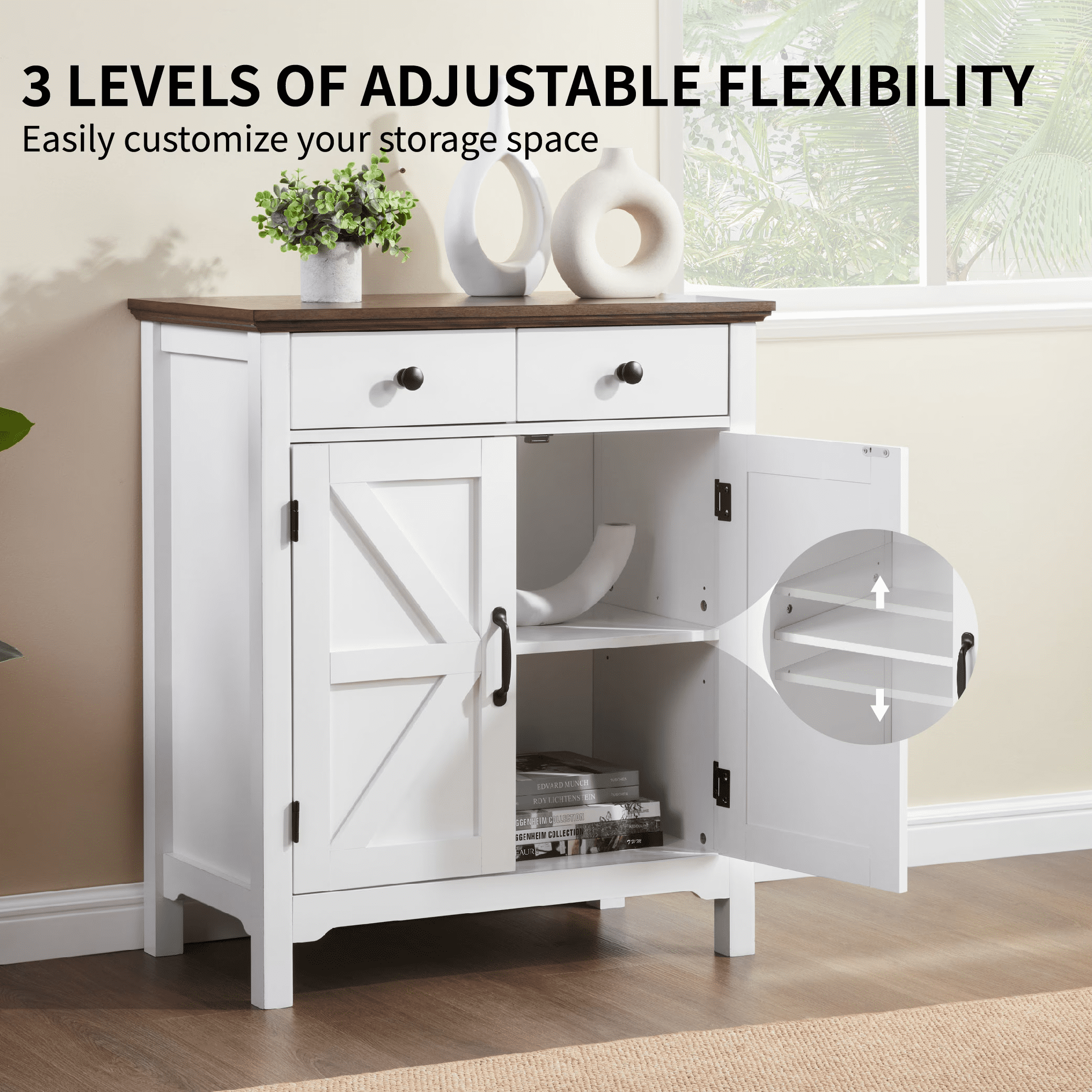 Farmhouse Buffet Cabinet with Drawer, Adjustable Shelf, Barn Door Sideboard