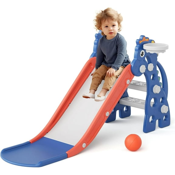 Toddler Slide Indoor for Toddlers 1-3 Baby Slide Outdoor Playset with Basketball Hoop and Ball Plastic Foldable Slides for Kids Backyard Climber Set (Blue)