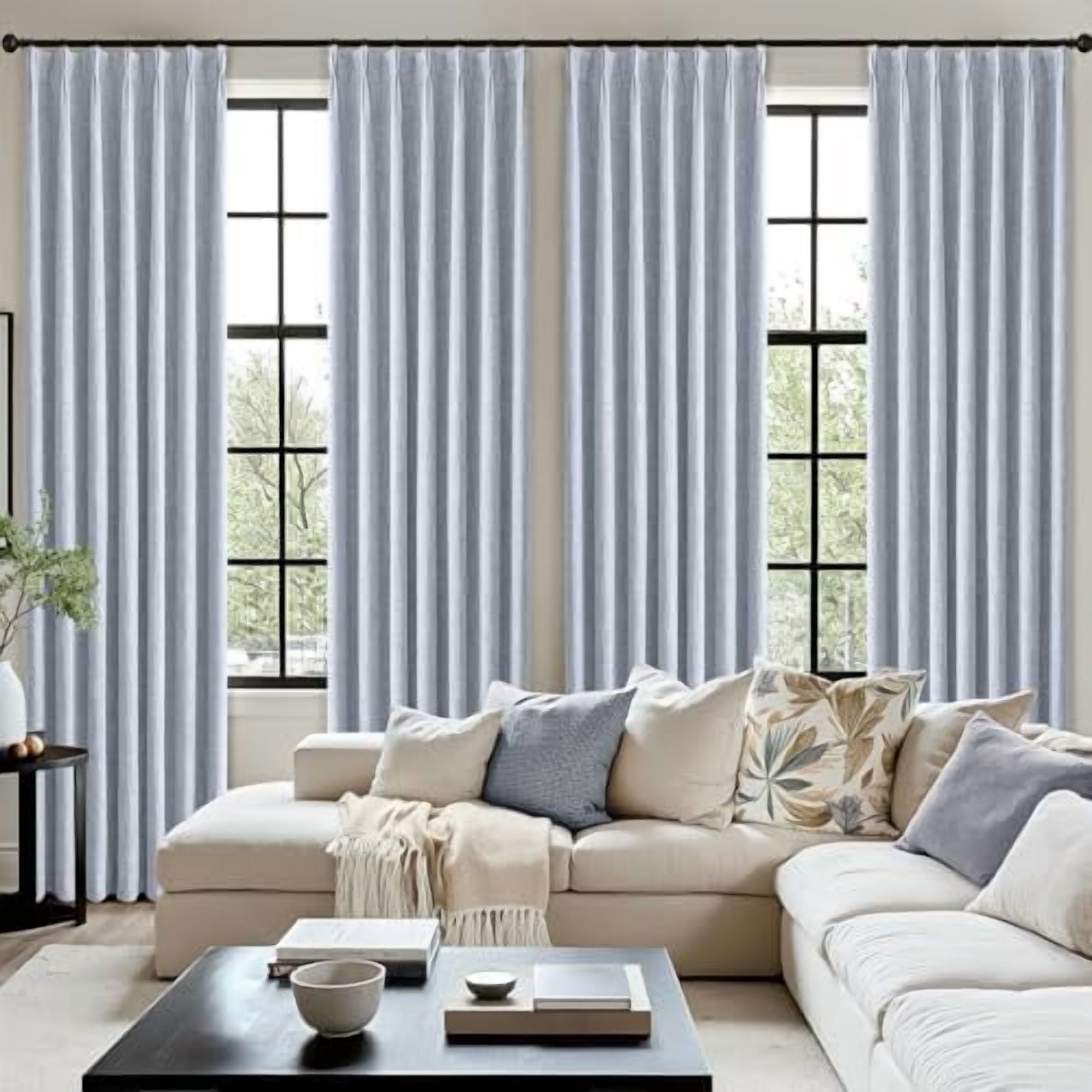 Chambray Blue Pinch Pleated 100% Blackout Linen Curtains for Bedroom, Room Darkening Memory Trained Light Blocking Window Curtain 84 inches Long for Living Room, Black Out Pleat Drape, 2 Panels