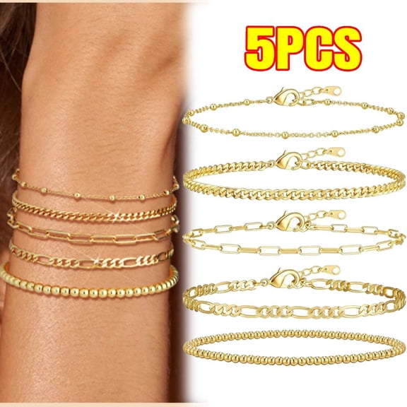 Gold Bracelets for Women, 14K Gold Plated Stackable Bracelet Stack Set Adjustable Charm Paperclip Chain Cuban Link Layered Waterproof Jewelry Sets