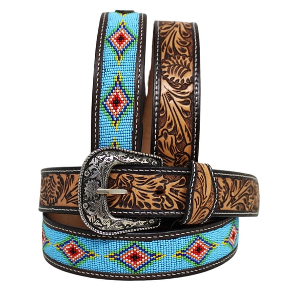 22  Youth 1-1/4" Western Basket Tooled Beaded Full-Grain Leather Belt 26RT39C
