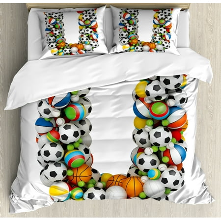 Letter U Queen Size Duvet Cover Set, Fun Games Inventory Equipment and Letter U Combination Teamplay Colorful ABC Type, Decorative 3 Piece Bedding Set with 2 Pillow Shams, Multicolor, by