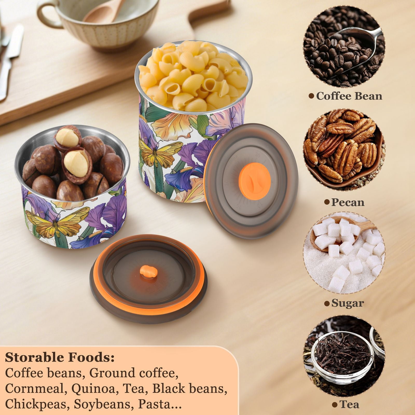 Iris Flower Floral Butterfly Airtight Coffee Bean Canister 30oz Food Storage Containers with Lids For Gournd, Tea, Sugar, Flour, Rice, Cereal, Candy Cookie Jar