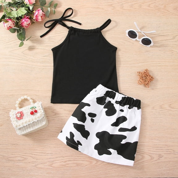 Trendfront Girls Cow Graphic Print Outfit Set Crew Neck Short Sleeve Top Summer 2 Piece Fashionable Casual Kids Clothing Everyday Wear 2T-7T Clothes Set