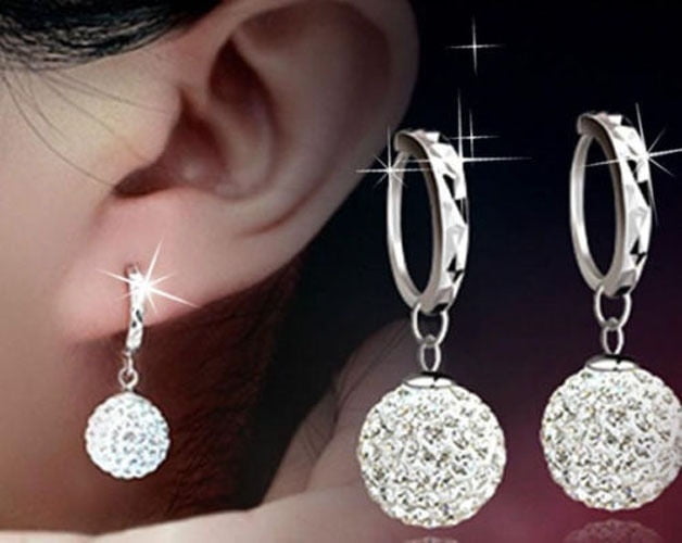 1 Pair Women Lady Jewelry Silver Double Beaded Rhinestone Crystal Stud Earrings