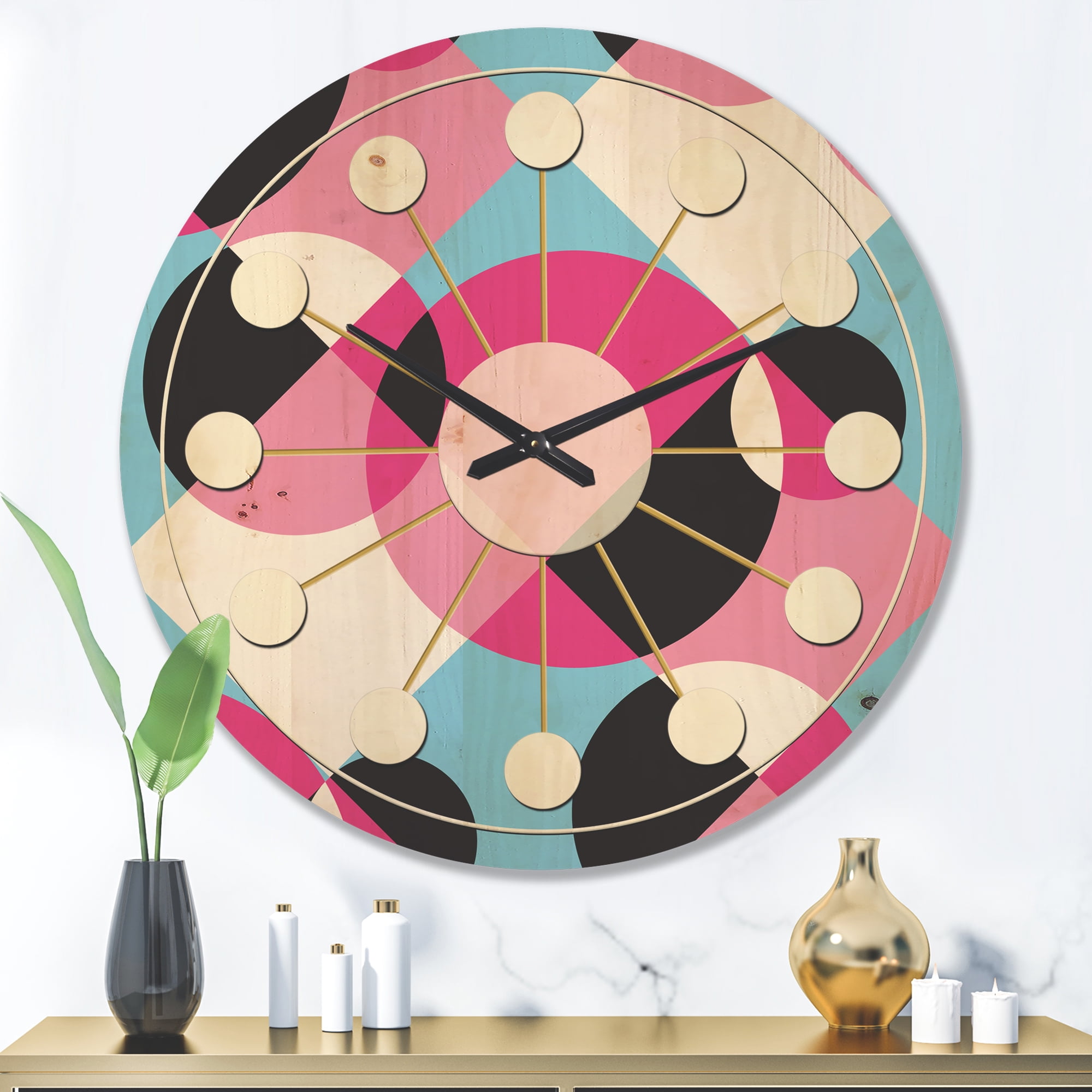 Designart 'Abstract Geometric Retro Pattern I' Mid-Century Modern Wood Wall Clock