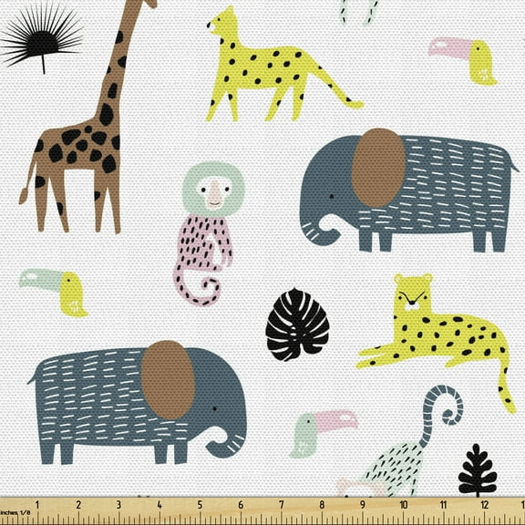 Ambesonne Animal Fabric by the Yard Upholstery, Savannah Wildlife, 2 Yards, Multicolor