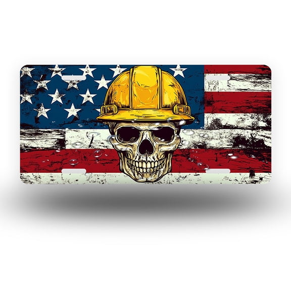 Construction helmeted Skull with USA Flag Front License Plate, Funny Standard Plates Personalized Novelty Decorative For Men/Women/Boys/Girls Car 6×12 Inch