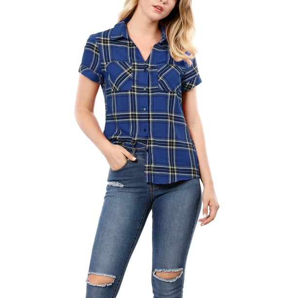 Camisas de cuadros para mujer INSPIRE CHIC con cuello de punta y botones, 2XL, azul