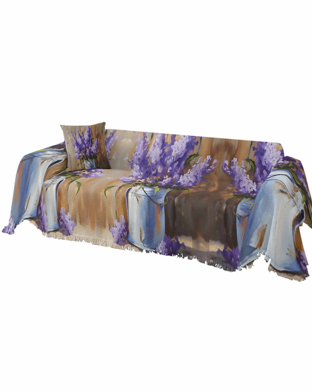Purple Lavender Sofa Covers for 3 Cushion,Washable Couch Cover for Sectional Sofa Slipcovers with Tassel,Farmhouse Abstract Oil Painting Flower Loveseat Covers Futon Cover Throw Blanket 71''x118''