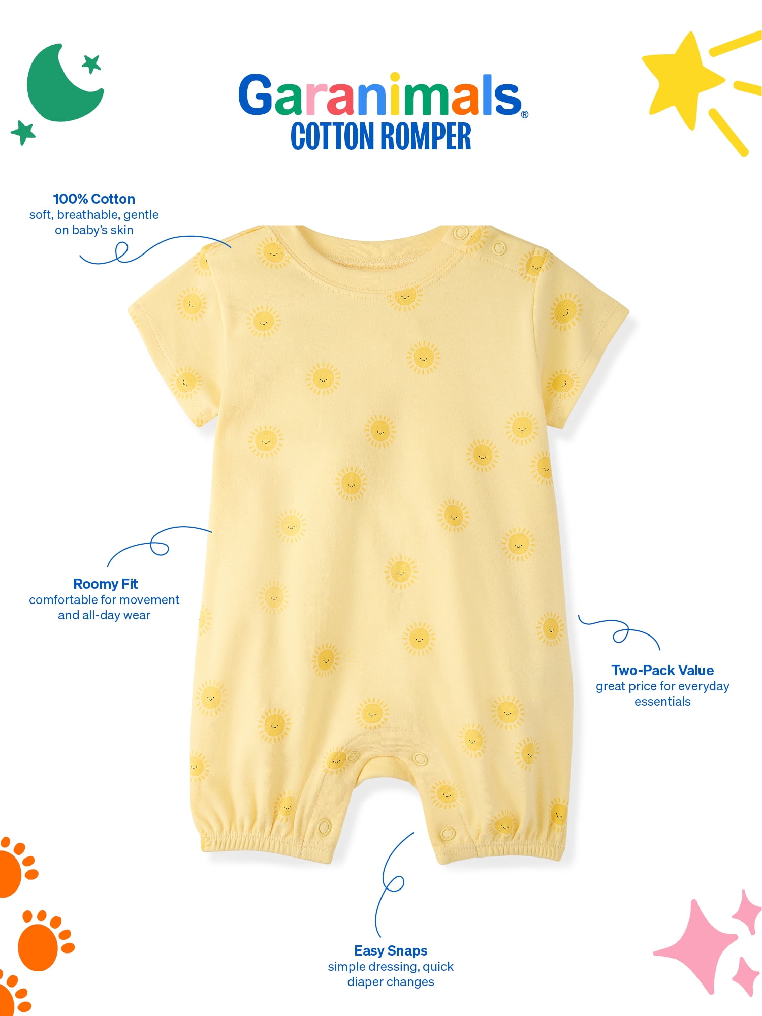Garanimals Newborn & Baby Boy Cotton Short Sleeve Rompers, Graphic Prints, 2-Pack, Sizes 0 - 24M
