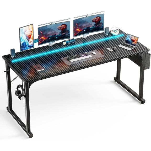 63" Gaming Desk with LED Lights, Storage Bag & Headphone Hook, Sturdy Metal Frame, Black