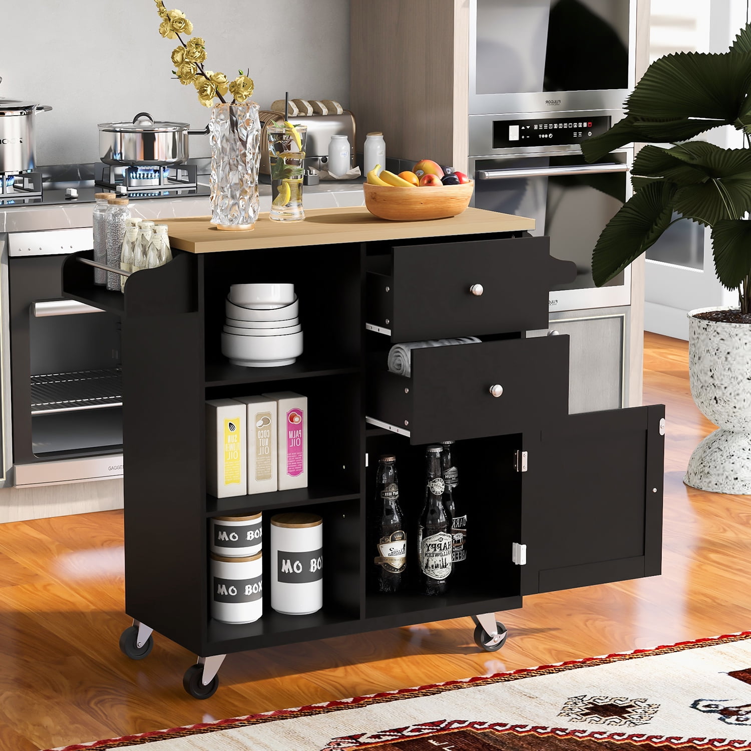 Kepooman Rubber Wood Kitchen Cart with Locking Wheels & 3 Open Shelves, Towel Rack, Kitchen Trolley for Indoor Spaces in Black Kepooman Rubber Wood Kitchen Cart with Locking Wheels & 3 Open Shelves, Towel Rack, Kitchen Trolley for Indoor Spaces in Black