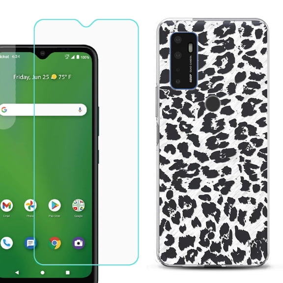 Slim-Fit Gel TPU Phone Case for Cricket Dream 5G, with Tempered Glass Screen Protector, by OneToughShield ® - Cheetah B/W