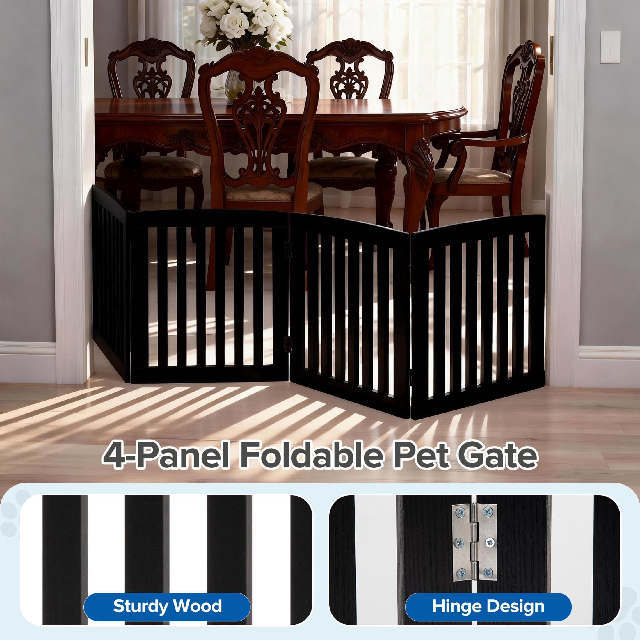 EDX 24" Height-4 Panels Wooden Pet Gate for Dogs and Cats, Foldable Freestanding Dog Gate with Hinge Design, Indoor Portable Extra Wide Dog Fence Pet Barrier, For Doorways, Stairs, Black