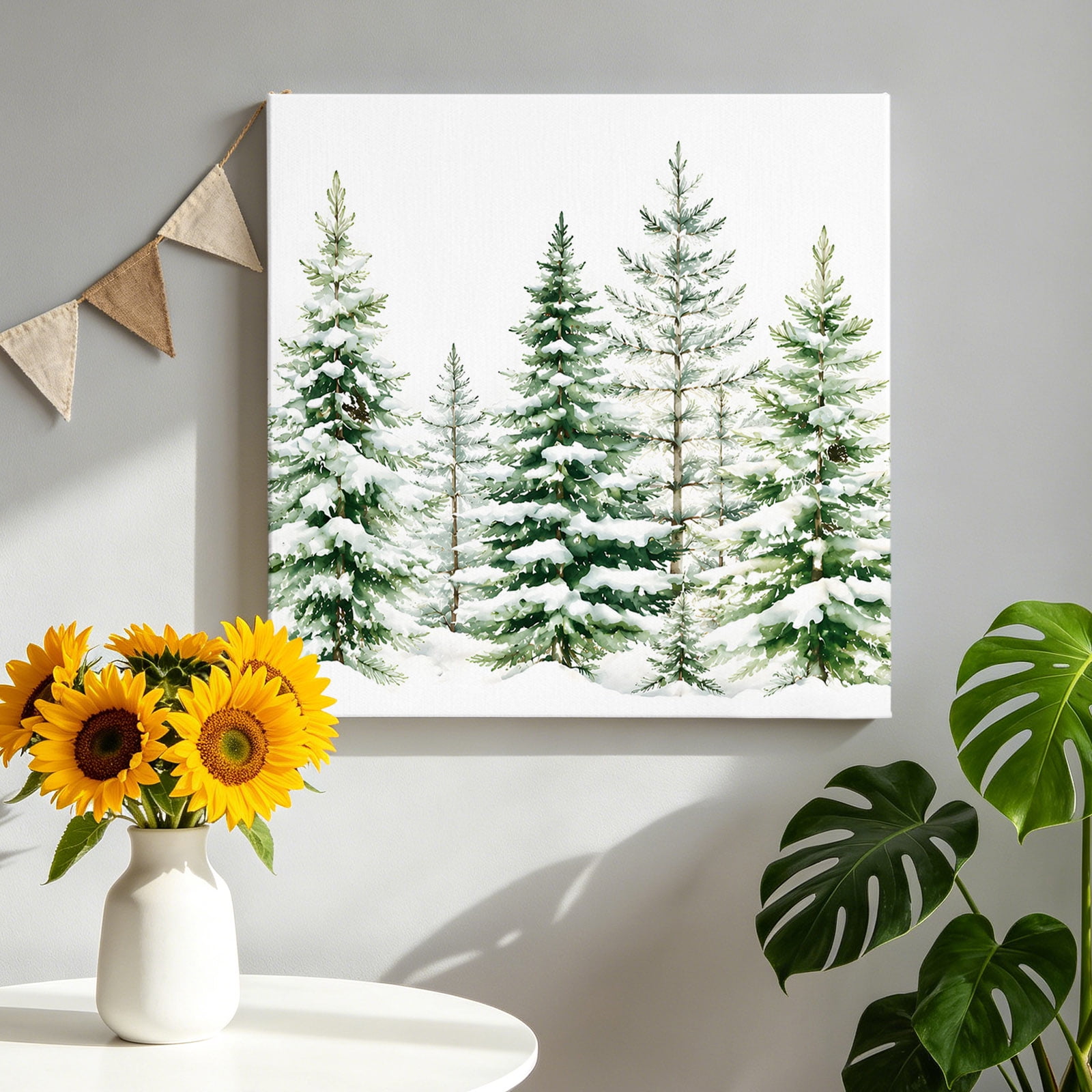 Winter Forest Canvas Wall Art Snow Green Trees Landscape Rustic Cottagecore Pictures Wall Decor Wooden Framed Artwork Art Prints for Living Room Hallway Bedroom Office 12 x12
