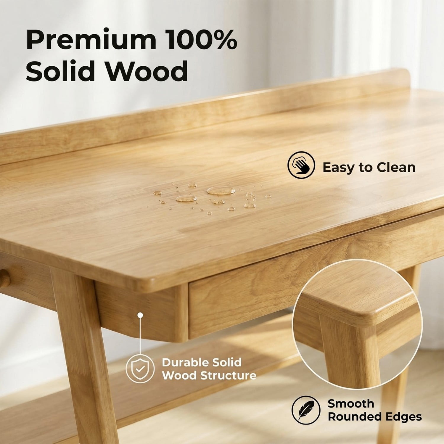 Solid Wood Writing Desk 47 Inch with 2 Drawers & Storage Shelf Mid Century Modern Home Office Desk with Hooks for Bedroom Study Wood