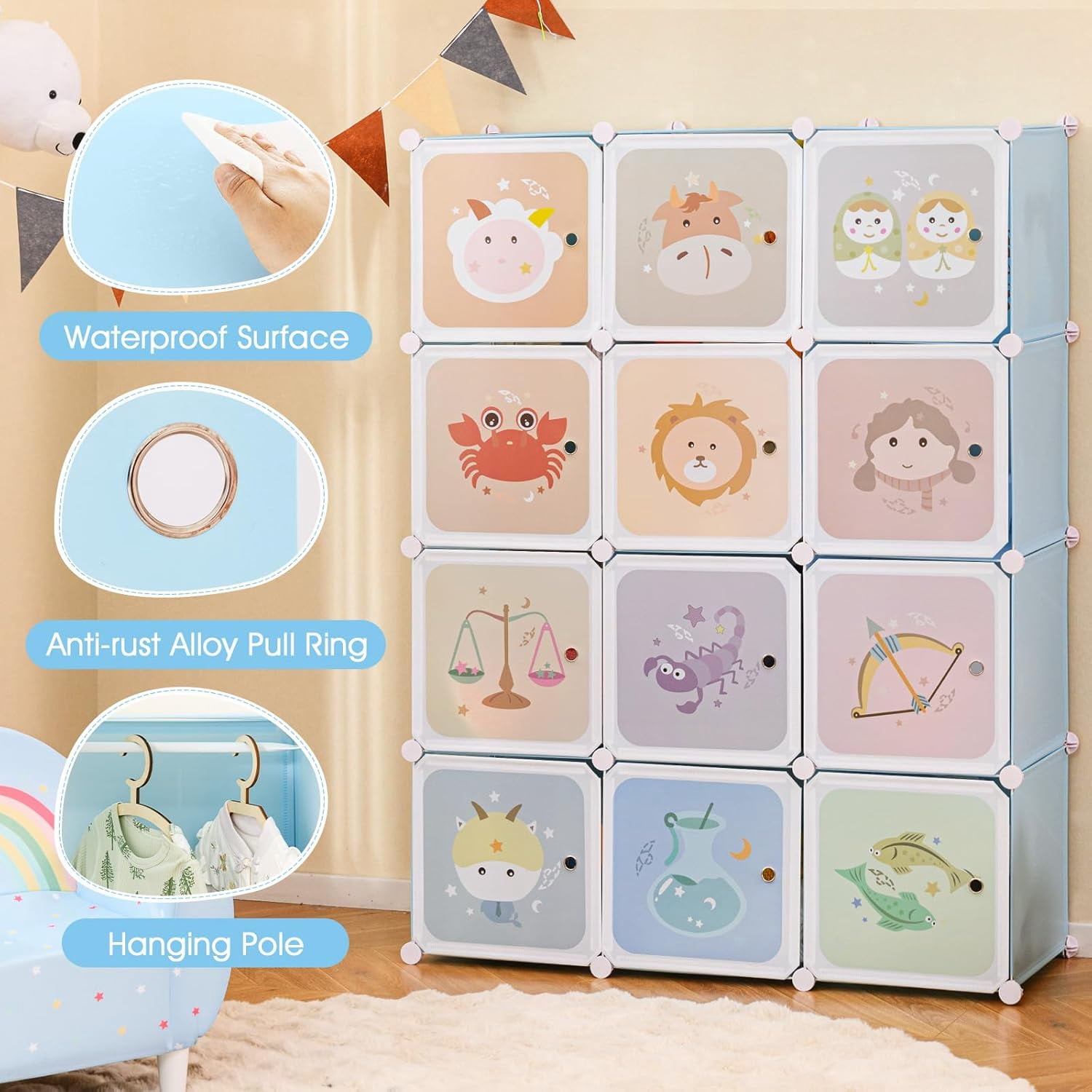 OLAKIDS Children Wardrobe, Kid Closet Portable Baby Dresser Cute for Kids Bedroom Nursery Armoire with Doors 12 Cube 2 Hanging Sections, Kid Clothes Storage Organizer