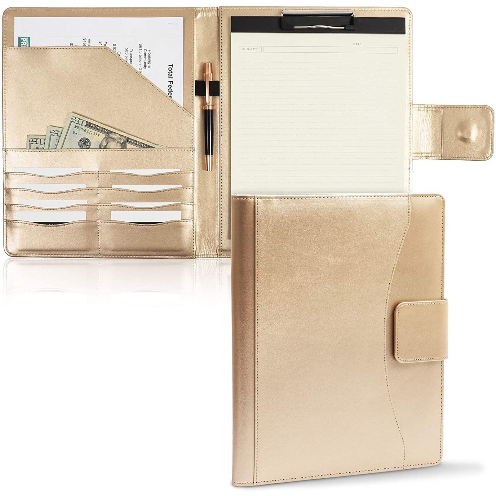 PU Leather Portfolio Case, Executive Clipboard with Pockets for Women, Notepad Included, Champagne
