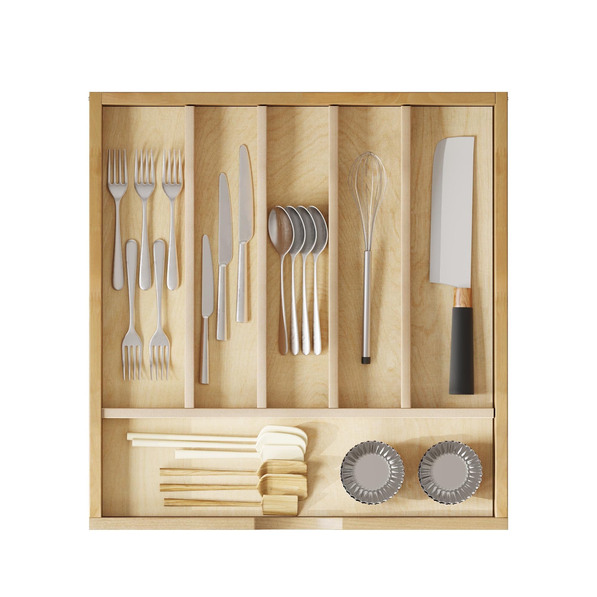 6 Slot 20"x19" Silverware/Flatware Drawer Organizer Tray with Divider, Utensil Drawer Organizer, Cutlery Tray Organizer, Tool Drawer/Junk Drawer Organizer (Natural Wood)