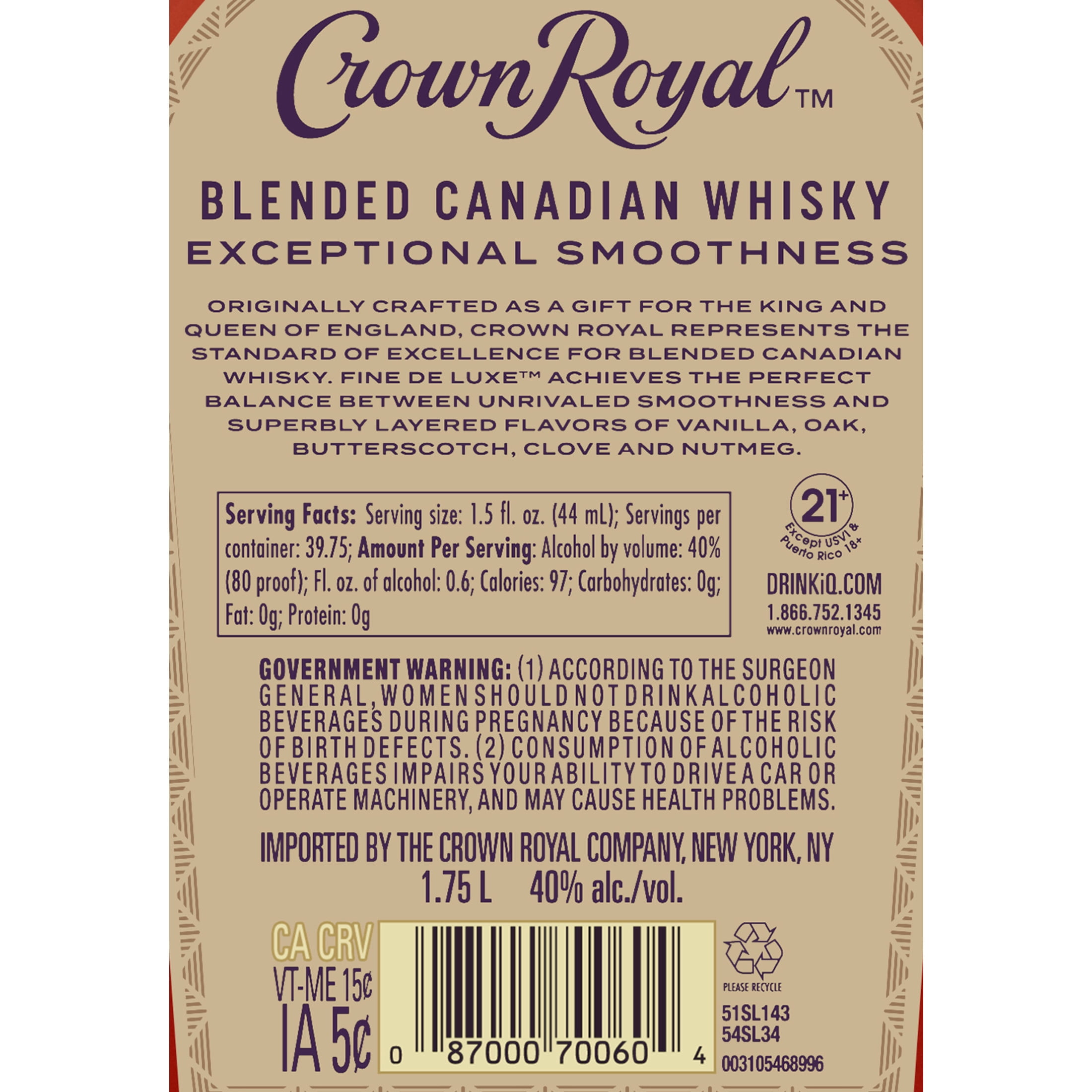 Crown Royal Fine De Luxe Blended Canadian Whisky, 1.75 L, 40% ABV