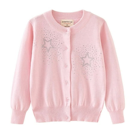 

Geire Toddler Kids New Knitted Cardigan Girls Star Rhinestone Crewneck Cotton Cardigan Jacket Casual Button Top