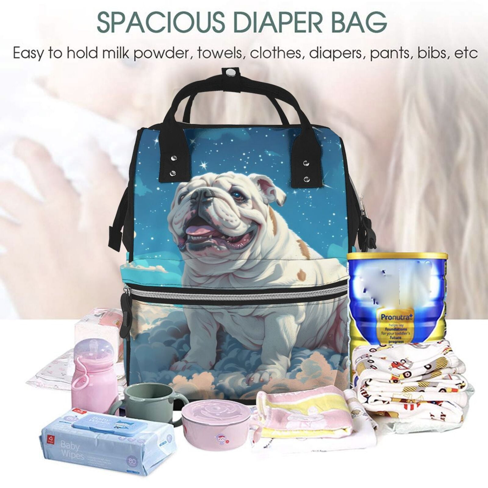 Fuzoiu Starry Sky Cloud Bulldog Print Diaper Bag Backpack,Baby Essentials Travel Tote,Multi function Waterproof Diaper Bag, Travel Essentials Baby Bag - Unisex