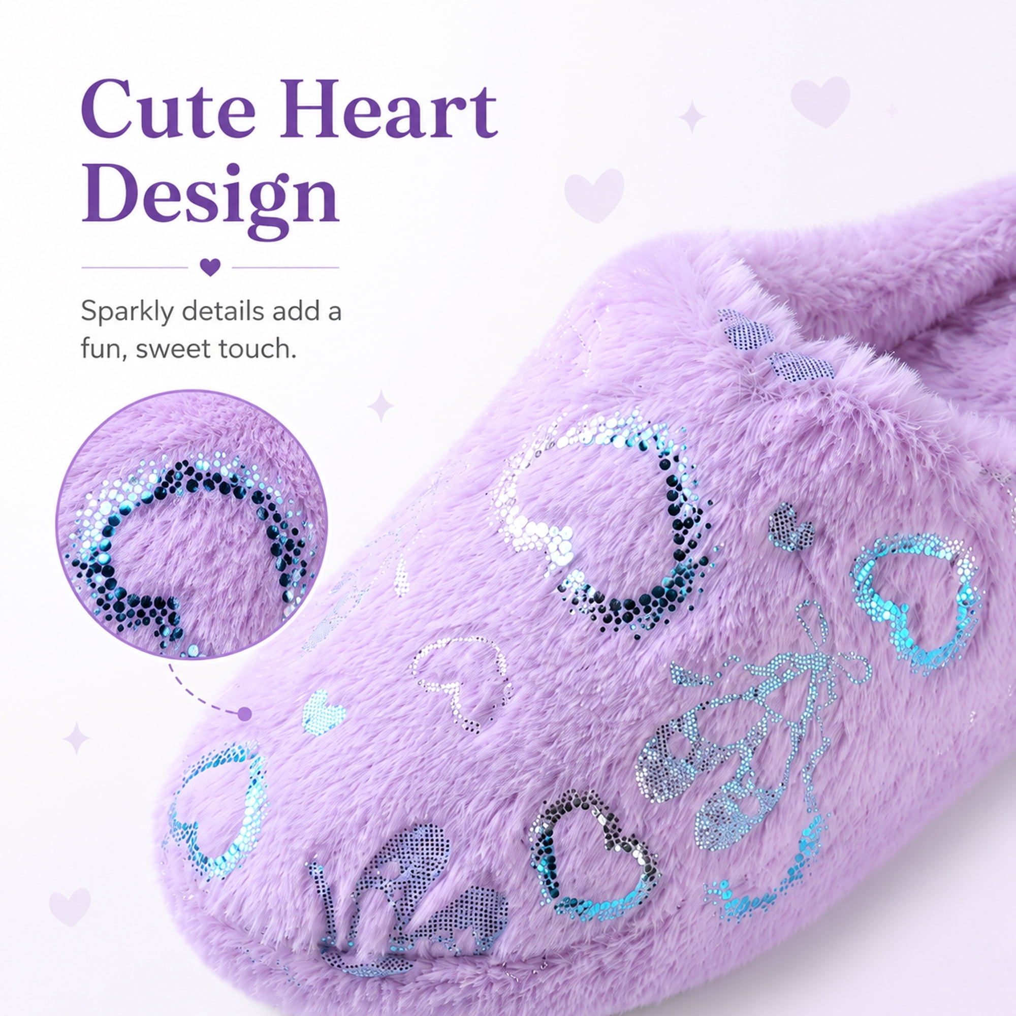 Aerusi Women’s Fuzzy Heart House Slippers, Closed Toe Slip-On Warm Plush Indoor Outdoor Shoes, Non-Slip Sole